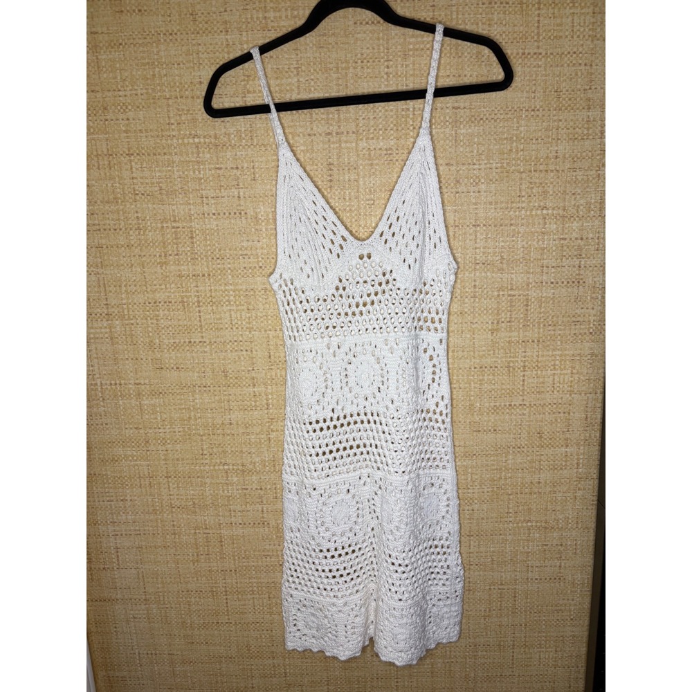 Aerie White Crochet Mini Dress V-Neck Spaghetti Strap Boho Beach Coverup Small